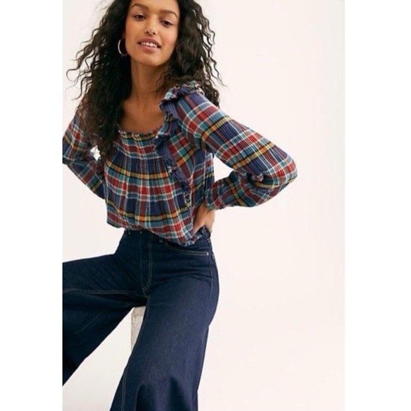 We the Free Womens Large Siena Plaid Pullover Ruffles Smocked Long Sleeve Preppy - Picture 2 of 10